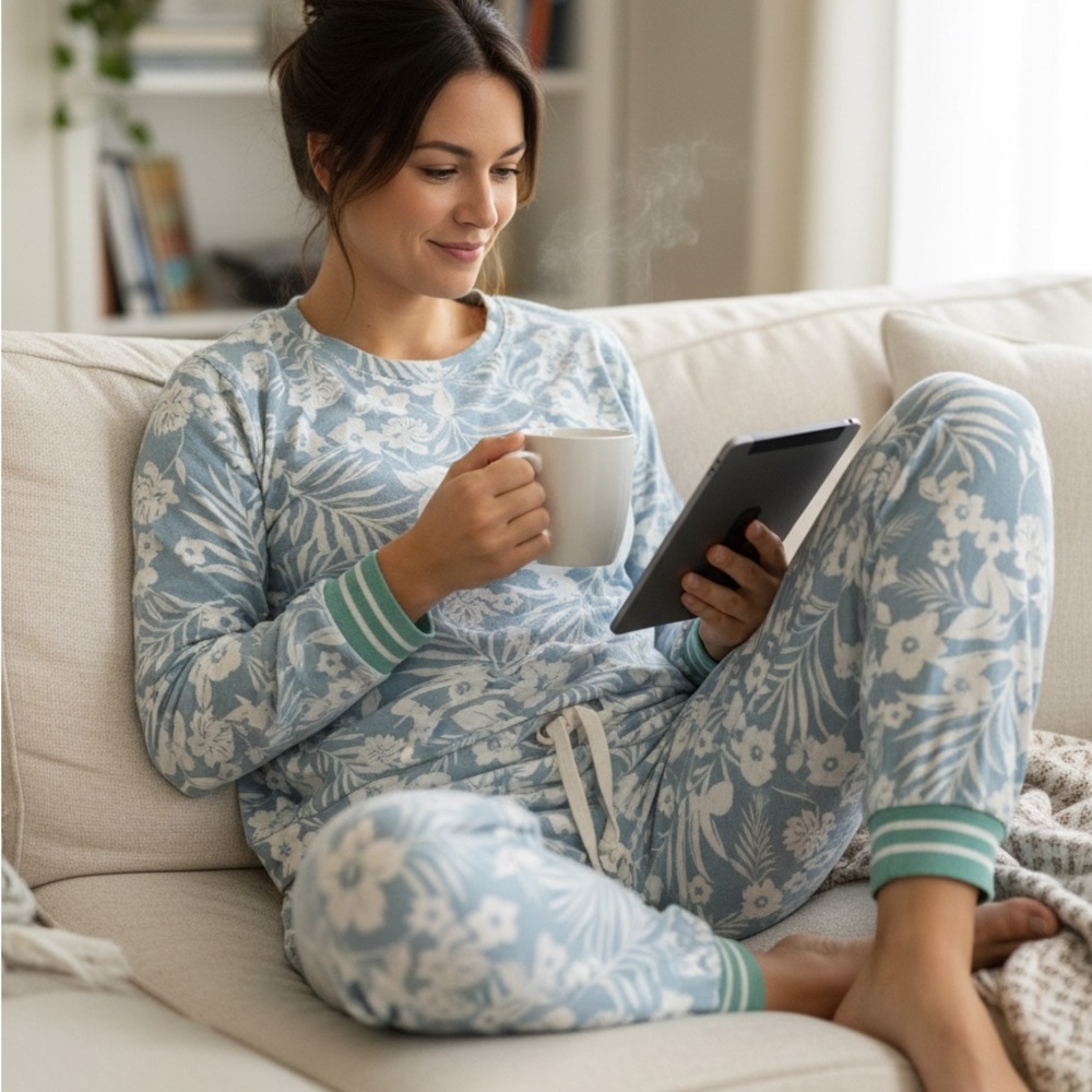 P.J. Salvage Powder Blue & White Floral Crewneck Pajama Set